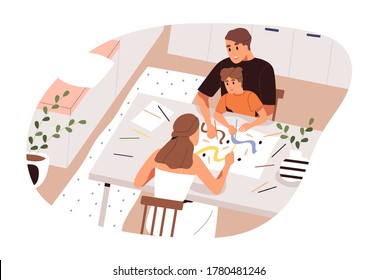 Family drawing picture paper vector flat illustration  Mother  father   son enjoying art activity holding colorful pencils isolated white  People spending time together at home during hobby