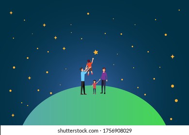 Family dream vector concept: group of family standing on earth while reaching the stars