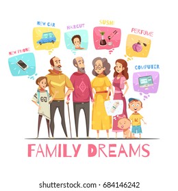 Family dreaming design concept with icons of big family members and their dreams decorative images flat cartoon vector illustration