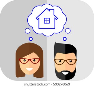 Family of dreams about the house. Flat Style. Fashionable man with beard and mustache,
aÂ hipster and beautiful woman with glasses planning for the future.
