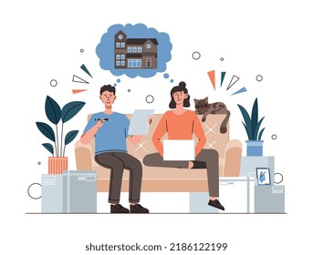 Family Dreams Concept. Man And Girl Want To Buy Big House. Young Couple Saving Up To Buy Real Estate. Savings And General Financial Goals, Fantasy And Imagination. Cartoon Flat Vector Illustration