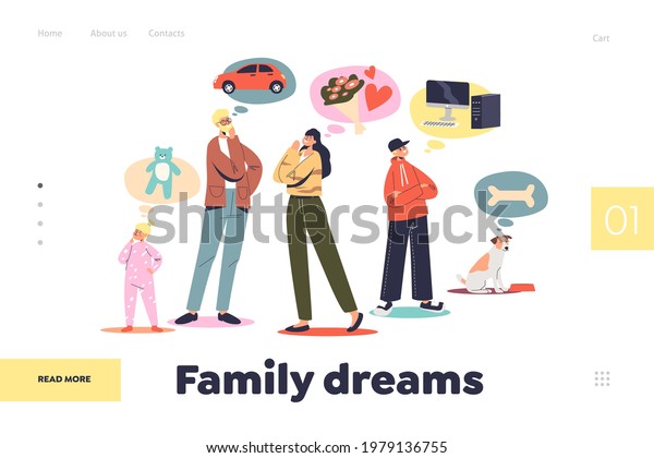Family dreams concept o\
landing page with young parents and kids imagine wishes in bubbles.\
Father, mother, son and daughter dreaming. Cartoon flat vector\
illustration