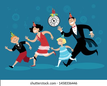 Family dressed in 1920s fashion celebrating Christmas or New Year, EPS 8 vector illustration