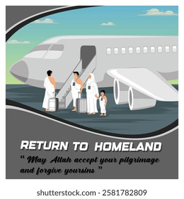 A family dressed in traditional pilgrimage attire stands near an airplane with luggage, symbolizing their return journey after completing a sacred pilgrimage. Flat vector modern illustration 