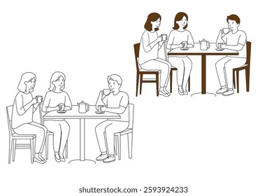 Family Drinking Coffee vectors, Raising tea and coffee cups in a cheerful toast, hands holding mugs filled with non-alcoholic beverages. A diverse group of friends gathers to celebrate a holiday, enjo