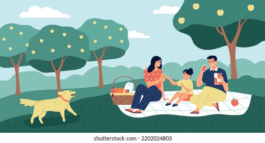 Family drinking fruit and tomato juice on picnic in garden flat vector illustration