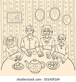 Family drinking tea at the round table, a simple line drawing