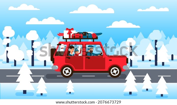 Family\
drives a car on winter vacation along forest road. Family is going\
to the Christmas holidays. Vector\
illustration.