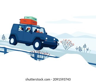 The Family Drives A Car In Winter On Vacation. The Car Drives Along The Highway. Mom, Dad, And Son Are Driving In The Car. Winter Travel. Individual Rest. Flat Vector Illustration.