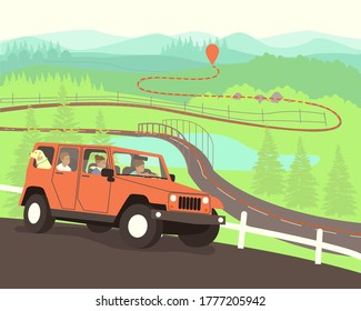 The family drives to the destination on the map. Travelers have built a route on the map. A family with a dog travels by car. Flat vector illustration.
