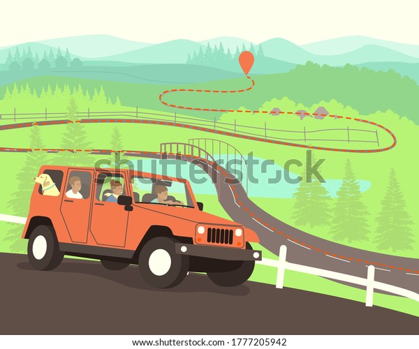 The family drives to the destination on
the map. Travelers have built a route on the map. A family with a
dog travels by car. Flat vector
illustration.
