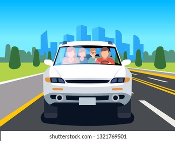 Family driving car. Auto driver father man woman child travel people weekend road landscape nature leisure flat vector illustration