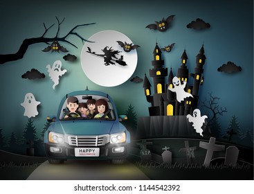 Family driving in car with ghost and graveyard in full moon. Paper art style.