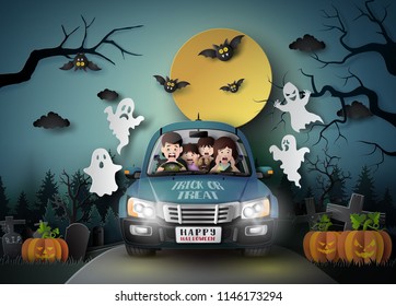 Family driving in car with ghost and graveyard in full moon. Paper art style.