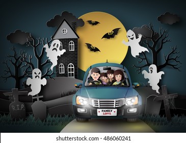   Family driving in car with ghost and graveyard in full moon.paper art style.