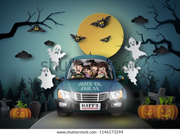 Family driving in car with ghost and graveyard in\
full moon. Paper art\
style.