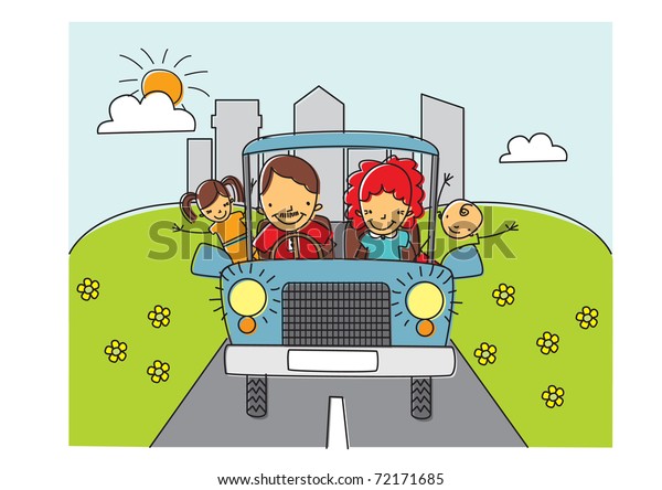 Family driving in a car\
going on vacation from the city all happy and smiling. vector\
illustration