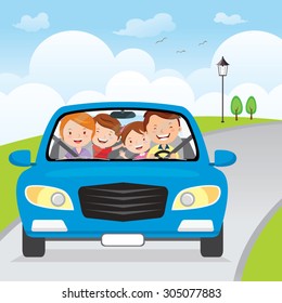 Family driving in car on holiday. Cheerful family traveling in the blue car on the road.