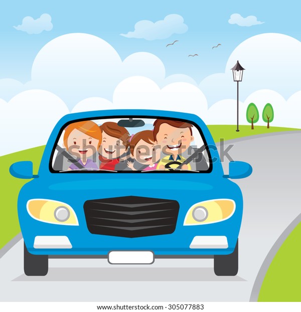 Family driving in car on holiday.\
Cheerful family traveling in the blue car on the\
road.