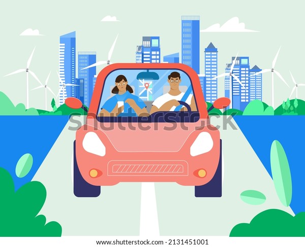 Family driving in a car. Young couple riding a car\
on a vacation trip. Man drives car, girl on passenger seat using\
smartphone for navigation, cityscape background. Vector\
illustration in flat\
style