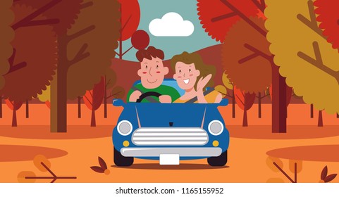 Family driving on a road covered with maple trees illustration vector