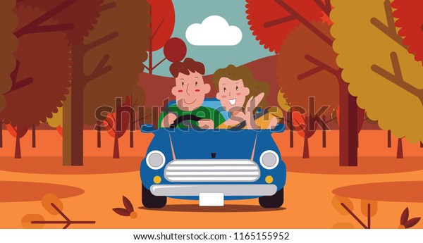 Family driving on a road covered with maple trees\
illustration vector