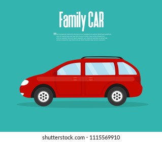 Family driving in red car . Vector flat illustration