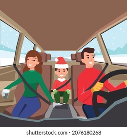 family driving to a road trip. View from interior of the car with father,mother, and their son sitting happily wearing seatbelt.on a Christmas Day