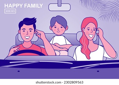 family driving to a road trip. View from interior of the car with father,mother, and their son. Adventure and journey. Flat vector illustration.