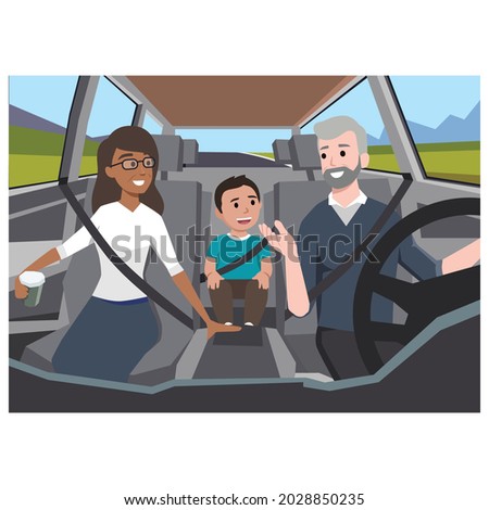 family driving to a road trip. View from interior of the car with father,mother, and their son sitting happily wearing seatbelt. Flat vector illustration
