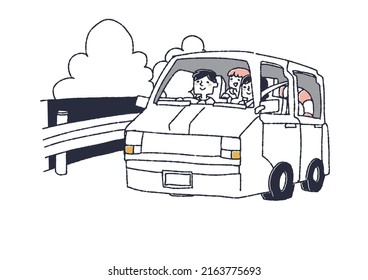 Family driving to the sea Comical handwritten person Vector, warm line drawing
