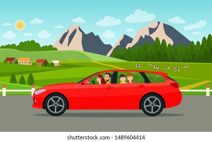 Family driving in station wagon car on weekend holiday. Summer landscape. Vector flat style illustration.