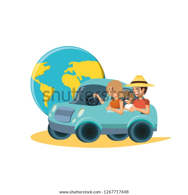 family\
driving tourism little car with world\
planet