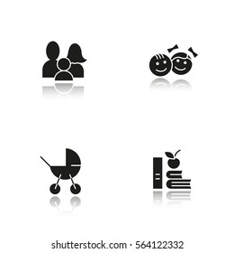 Family drop shadow black icons set. Baby carriage, children, apple and books. Isolated vector illustrations.