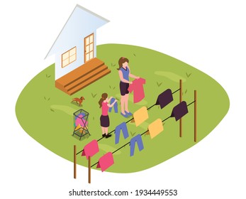 Family drying clothes at backyard 3D isometric vector concept for banner, website, illustration, landing page, flyer, etc