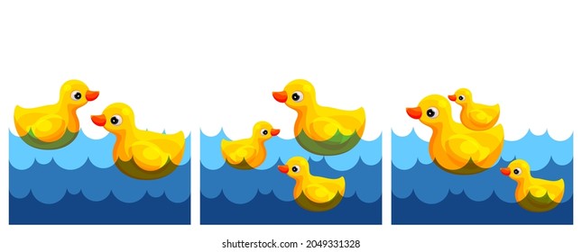 A family of ducks. Three pictures with birds. Sticker. Vector Ducks swing on the waves.