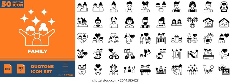 Family Duotone Editable Icons set. Vector illustration in modern thin duotone style of family icons: parents, mother, father, children, etc