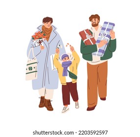 Family during Christmas shopping, walking with gift boxes, poinsettia on street. Mother, father, and child preparing for winter holiday. Flat graphic vector illustration isolated on white background