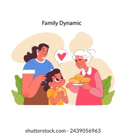 Family Dynamic concept. Heartwarming interaction between grandmother, mother, and child, sharing a moment over a homemade meal. Affectionate multi-generational bonds illustrated. vector illustration.