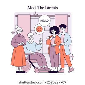 Family dynamics and connection are focal points in this illustration showing a heartfelt meeting. A figure in a wheelchair greets a group of cheerful individuals, representing warmth and inclusivity