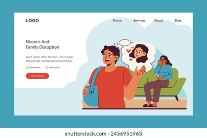 Family dynamics. A young man leaves home, while a woman grapples with emotional distress. The complexities of love and separation. Flat vector illustration.