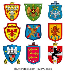 Family dynasty medieval royal coat of arms on shield vector set. Nobility heraldic color shields, illustration of royalty majestic dynasty shield.