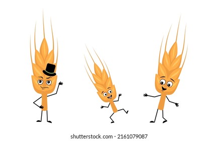 Familia de personaje de oído de trigo con emociones y poses felices, cara de sonrisa, ojos, brazos y piernas. Mamá está feliz, papá lleva sombrero y niño con pose de baile. Ilustración plana del vector