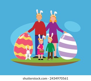 Family Easter celebration flat vector illustration