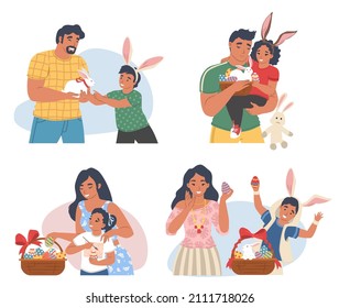 Family Easter celebration scene set, flat vector isolated illustration. Happy mom, dad and kids wearing bunny ears headband with rabbit, decorated Easter eggs, cake, basket.