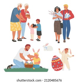 Conjunto de escena de la celebración de Pascua Familiar, ilustración aislada del vector plano. Felices abuelos, padres e hijos con conejito, huevos de Pascua decorados, torta, canasta y ramas de sauce. Juego de caza de huevos.