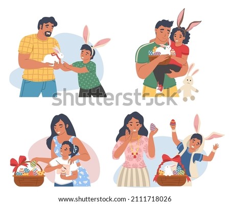 Family Easter celebration scene set, flat vector isolated illustration. Happy mom, dad and kids wearing bunny ears headband with rabbit, decorated Easter eggs, cake, basket.