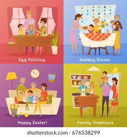 Traditionen der Familie Ostern 4 flache Symbole Konzept quadratische Zusammensetzung mit Ei-Malerei und Abendessen einzelne Vektorgrafiken