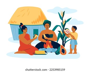 Family eat by the fire - modern colored vector illustration on white background with inhabitants of the tribe eating the vegetables of grown crops. The child brought a ripe fruit, thatched roof house