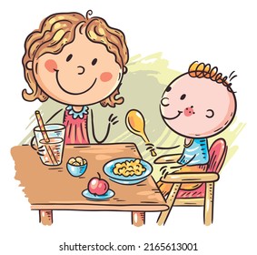 Family eating. Cartoon illustration of mom feeding child. Cartoon doodle family eating, hand drawn vector illustration clipart